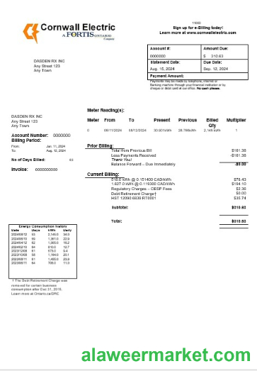 USA Cornwall Electric business utility bill template in Word and PDF formats